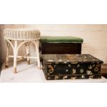 A quantity of items to include a white wicker stool, box stool and a decoupage box.