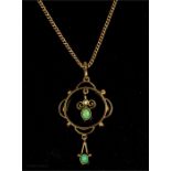 A 9ct rose gold Edwardian necklace, the pendant set with seed pearl and turquoise set drops, 5.1g,