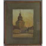 A pastel on paper, depicting the town hall at twilight, unsigned, 27 by 20cm.