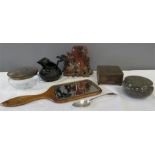 A soapstone carved vase, a beech hand mirror, silver spoon, a Victorian saltglazed jug and a