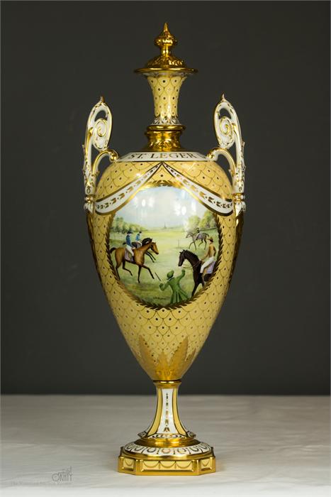 A Royal Crown Derby porcelain St Leger Vase, 1976, designed by June Branscombe, of urn form, painted