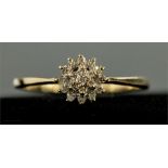 A 9ct gold and diamond cluster ring, size O, 1.2g.