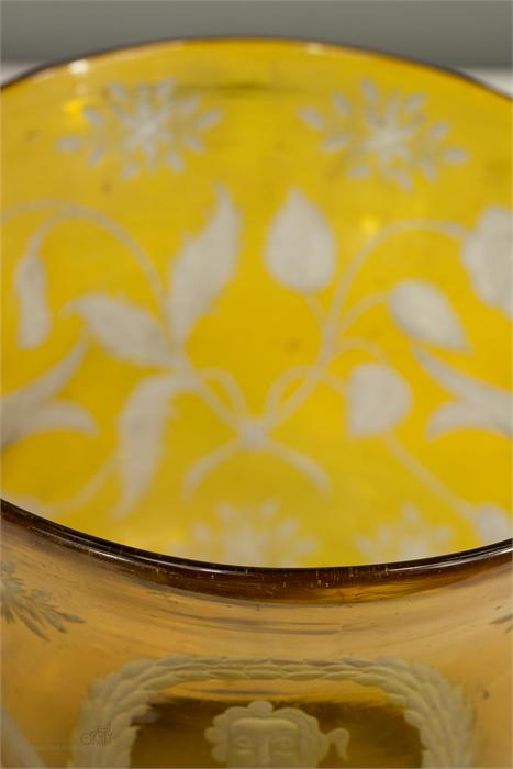 An 18th century yellow glass twin handled bowl, dated 1745 and engraved with portrait of Bonnie - Image 4 of 5