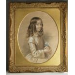 A 19th century oval portrait of a young girl with long hair holding a flower, pencil, pastel and