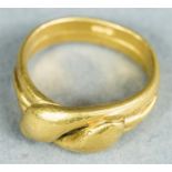 A yellow metal ring in the form of twin snake head, size S, marked C&K ? 14.8g.