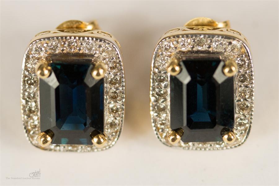 An 18ct gold sapphire and diamond pair of earrings, 5g total.