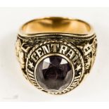 A yellow metal college ring for Central High School, stamped 10K, size S/R, 14.8g.