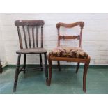 A Victorian oak single chair with carved back rail and a pine painted kitchen chair.