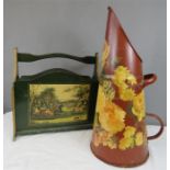 A decoupage floral coal scuttle and a painted magazine rack bearing hunt prints.