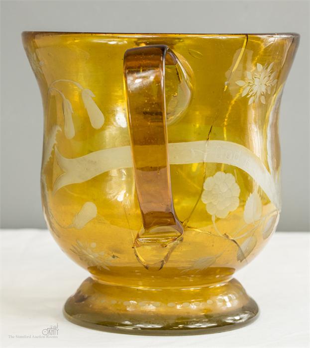 An 18th century yellow glass twin handled bowl, dated 1745 and engraved with portrait of Bonnie - Image 5 of 5