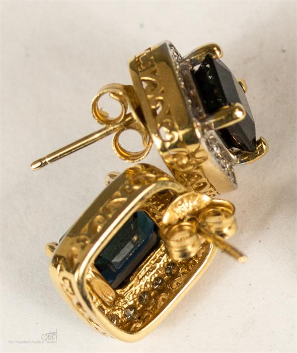 An 18ct gold sapphire and diamond pair of earrings, 5g total. - Image 2 of 2