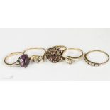 A group of five 9ct gold rings, one set with amethyst oval, 9.9g.