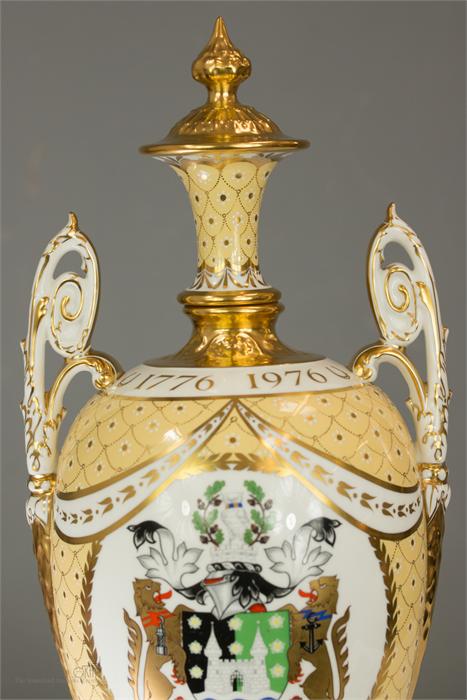 A Royal Crown Derby porcelain St Leger Vase, 1976, designed by June Branscombe, of urn form, painted - Image 3 of 6