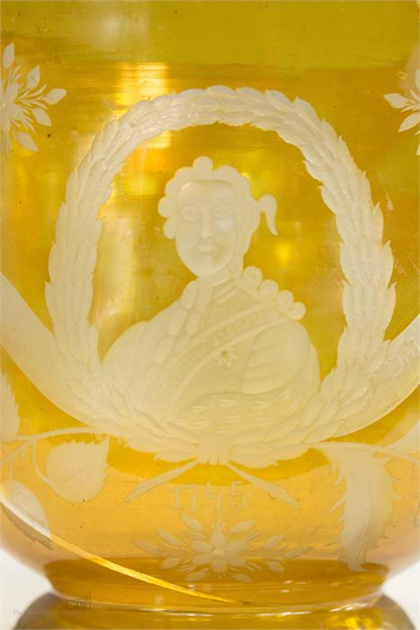 An 18th century yellow glass twin handled bowl, dated 1745 and engraved with portrait of Bonnie - Image 3 of 5