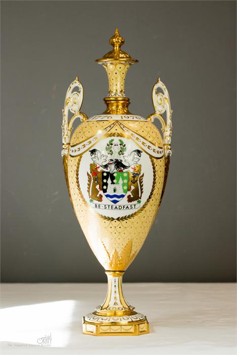 A Royal Crown Derby porcelain St Leger Vase, 1976, designed by June Branscombe, of urn form, painted - Image 2 of 6