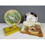 A Royal Doulton Rustic England D6297, a Royal Doulton D6313 dog in landscape and an Aynsley dish.