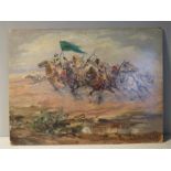 An oil on board depicting Arabian warriors on horseback, initialled VDH.