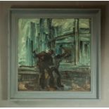 Hinton (20th century): oil on board, abstract steel workers, 60 by 60cm.