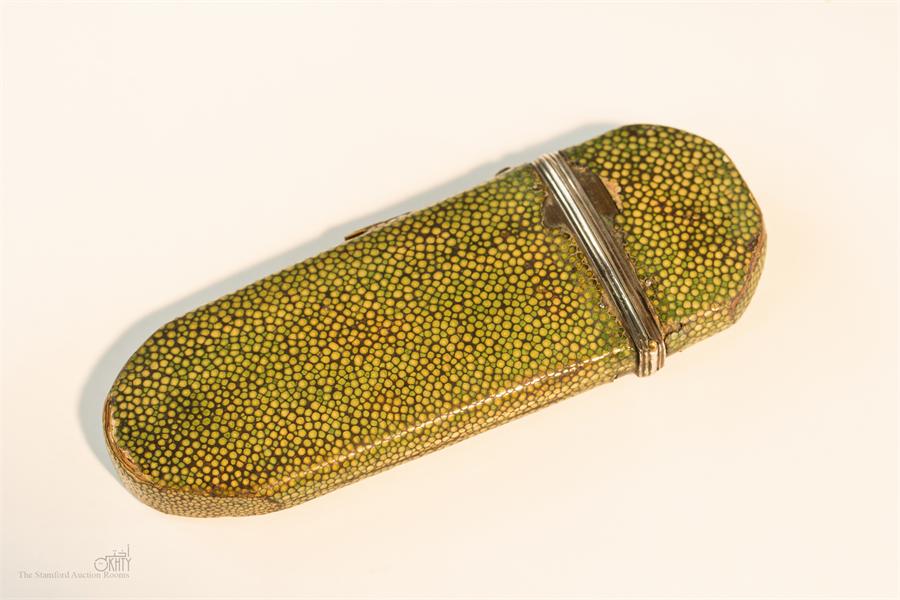 A flip top spectacle case circa 1790 of Shagreen on wood.