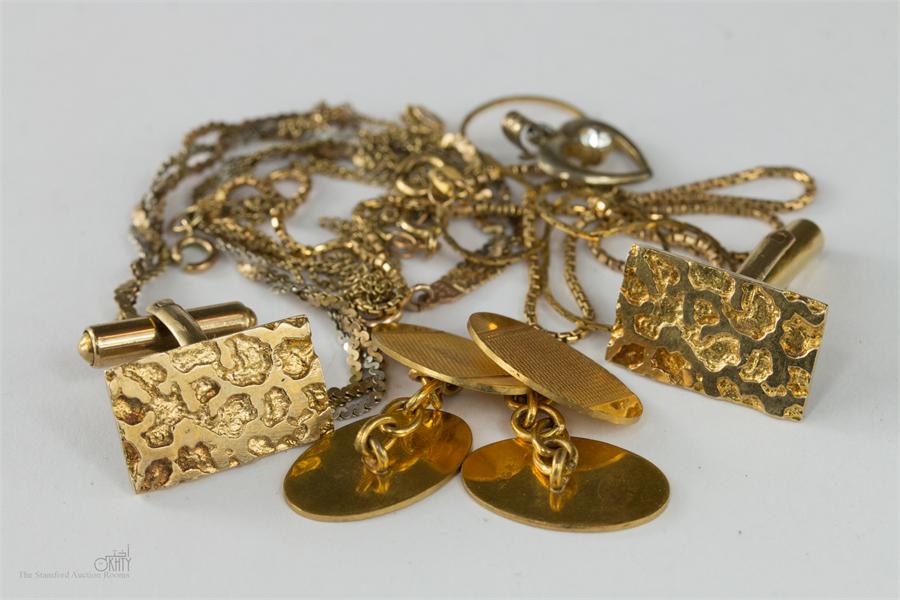 A group of 9ct gold and rolled gold chains together with 9ct gold cufflinks and others, 16.3g.
