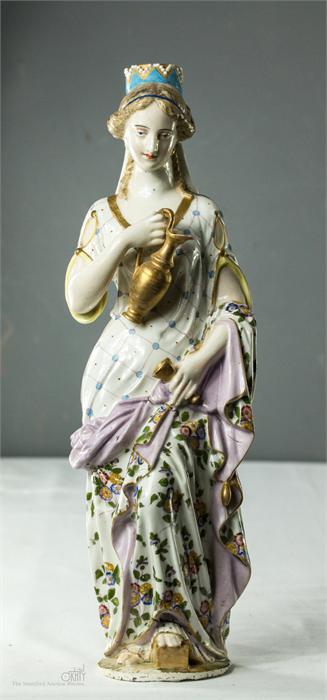 A German porcelain candlestick in the form of a lady carrying ewer and chalice, circa 1890, 35cm