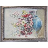 Oil on board, still life flowers in blue jug, indistinctly signed, 32½ by 24cm.