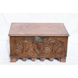 A 17th century and later oak and elm bible box, the front carved and dated RCQ 1687 with a shaped