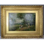 A 19th century Oil on canvas, woodland landscape with figures to the fore, unsigned, 27 by 40cm.