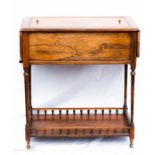 A 19th century rosewood marquetry work box with drop leaf sides raised on brackets, and a low