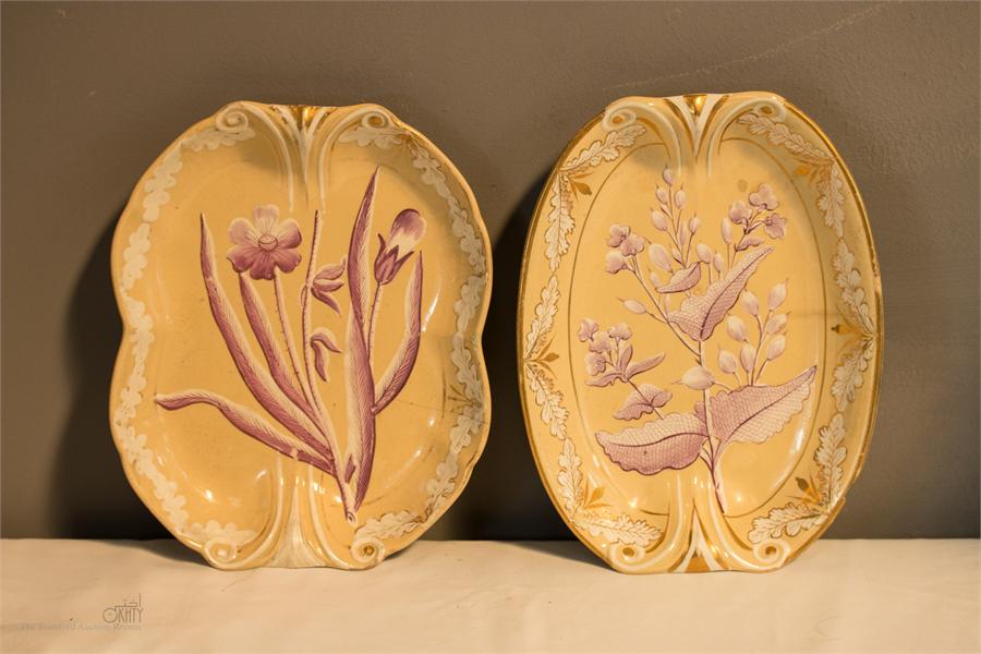 Two Drab Porcelain dishes, yellow ground with flowering plants to the centre, gilded highlights to