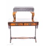 A mahogany sofa table together with a grey velvet upholstered stool.