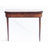A 19th century mahogany card table, the top lifts to reveal a green baise lining, raised on