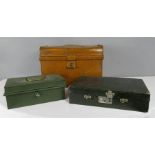 A green leather writing case, a vintage cash box and a small tin painted travelling trunk.