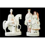 A pair of 19th century Staffordshire figures; highland couple and nobleman on horseback, together