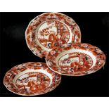 Three Manderin pattern plates, transfer over-painted iron red and cobalt Masons Patent ironstone,