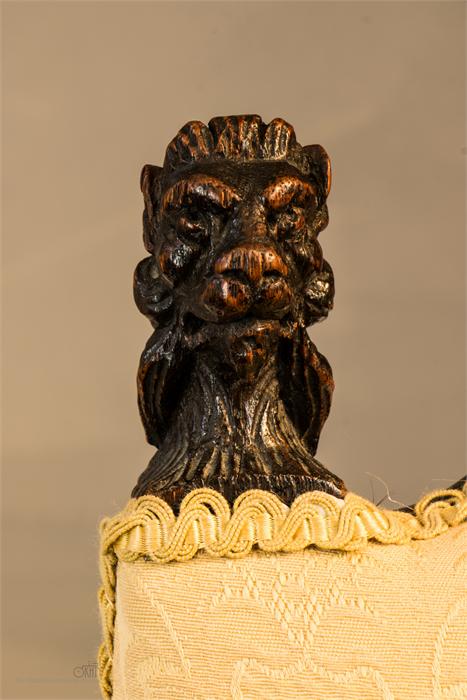 An 18th century Spanish walnut high back chair, with two lion head carved finials, the shaped back - Image 3 of 4