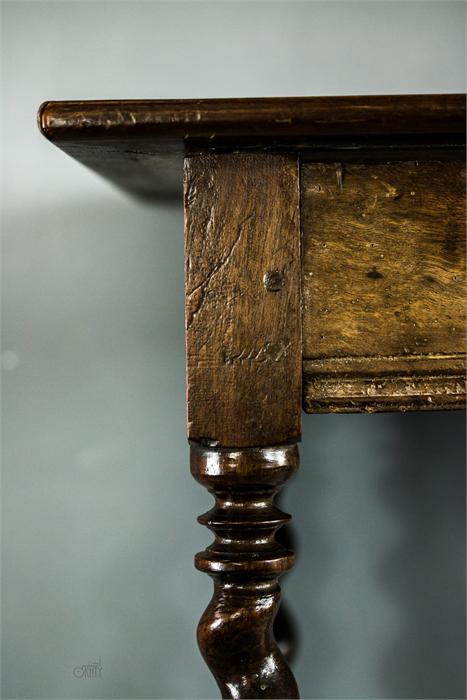 An early 18th century oak side table with barleytwist legs and stretchers, 70 by 50 by 56cm. - Image 2 of 4