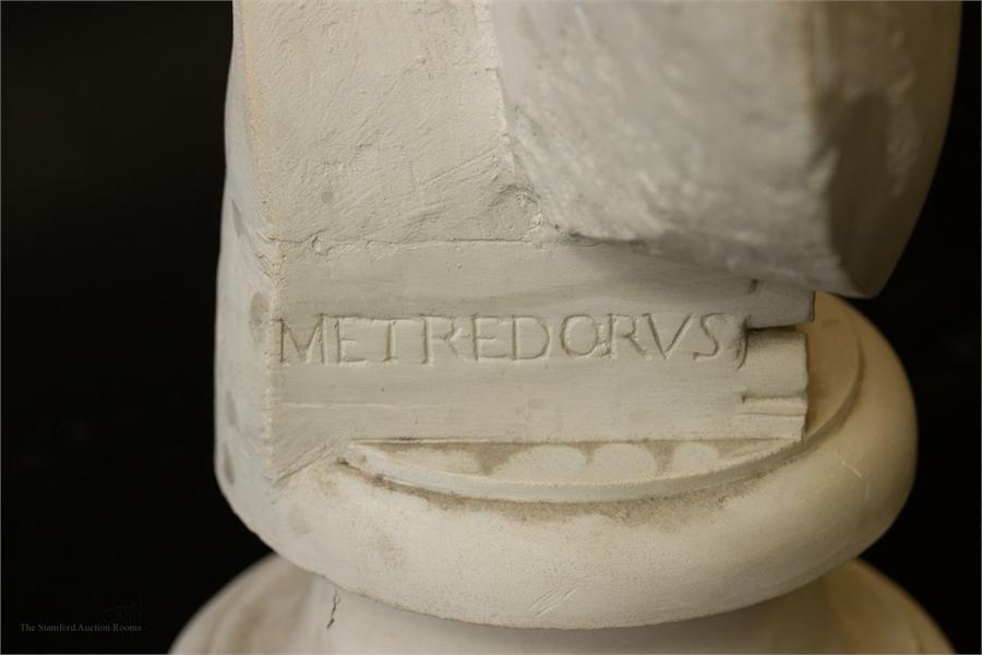 A plaster bust of Metredorvs, raised on an early 19th century ebonised plinth. - Image 2 of 3