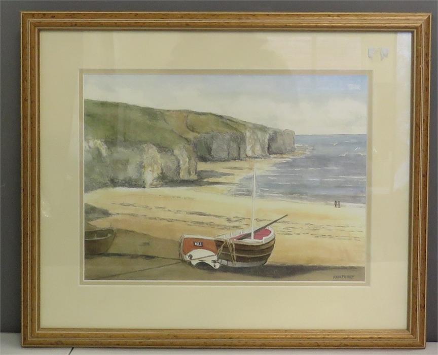 Ken Perry, boat on shoreline, watercolour and pencil,26 by 35cm.