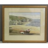 Ken Perry, boat on shoreline, watercolour and pencil,26 by 35cm.