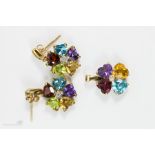 A 9ct gold multi gem set composed of earrings and pendant of diamond, amethyst, citrine, peridot