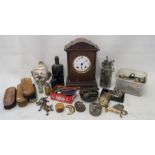 A miscellaneous group of antiques including keys, locks, brushes, tools, bottles and clock.