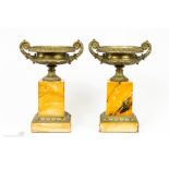 A pair of bronze tazzas raised on Sienna marble plinths 25cm high.