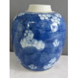 A Chinese ginger jar, blue and white, decorated with prunus blossom.