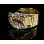 A 1940s 14ct ruby odenesque ring, in the form of a buckle, 8.5g.