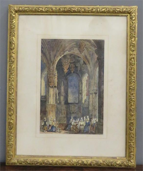 A watercolour of a cathedral interior with figures to the fore, monogrammed S.P.