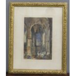 A watercolour of a cathedral interior with figures to the fore, monogrammed S.P.