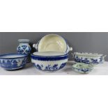 A group of blue and white ceramics, including a Meissen tureen.