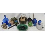 A miscellaneous quantity of glassware including a fishermans ball, blue glass bottles, terracotta