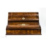 A French 19th century parquetry work box, inlaid with bone cartouches and scrollwork, bearing plaque